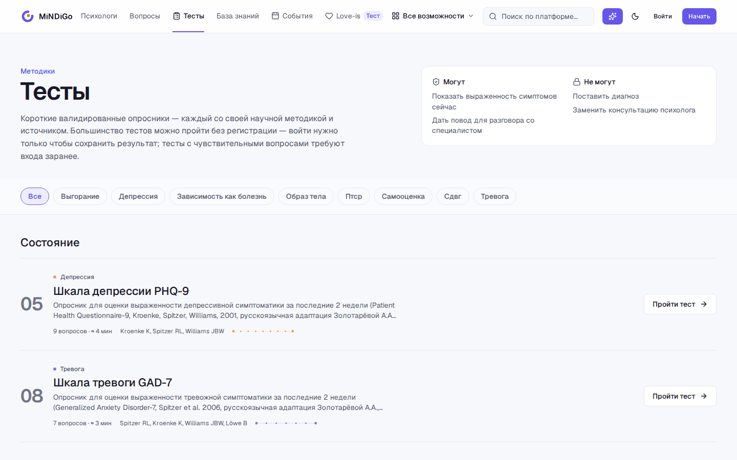 Каталог психологических тестов Mindigo